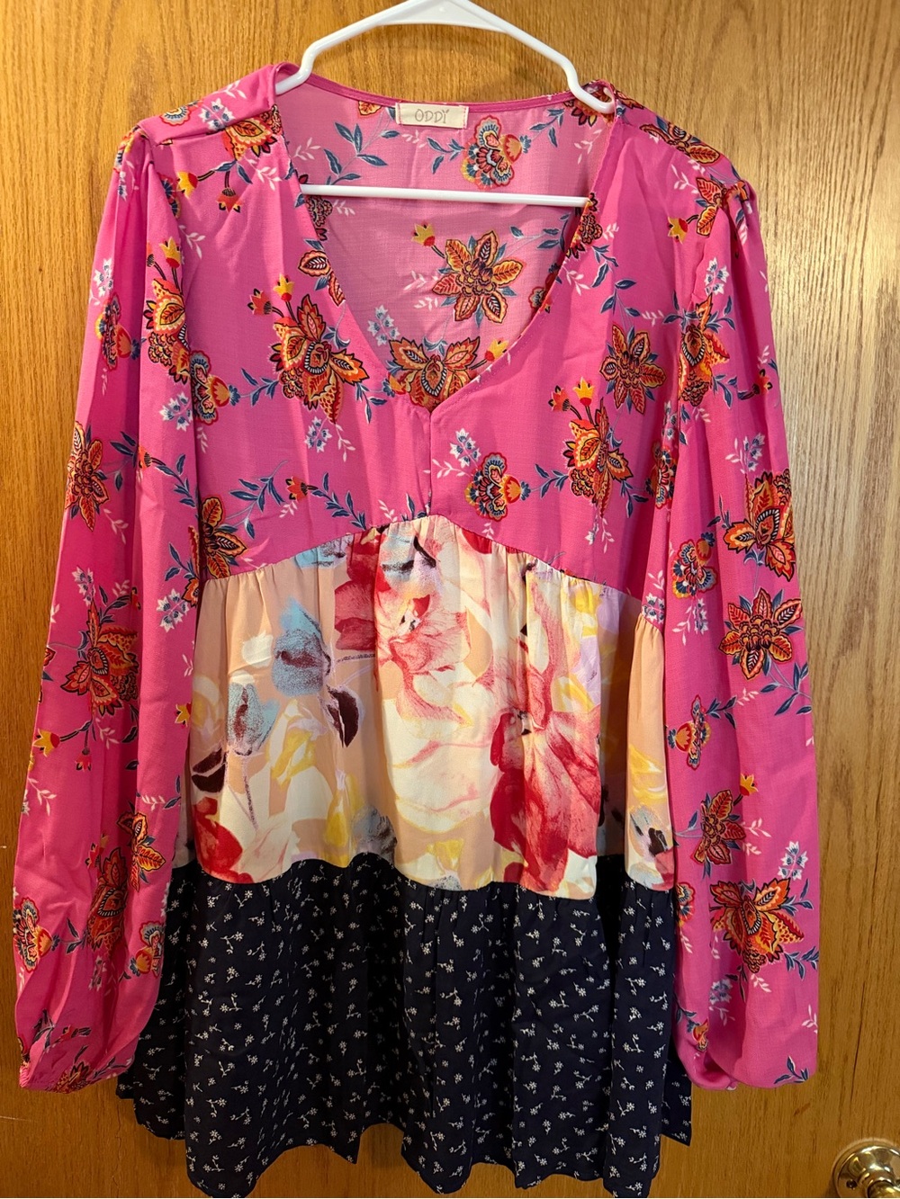ODDY Pink Floral Colorblock Peasant Blouse